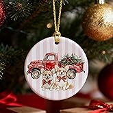 MKIJUHB Vintage Red Truck Corgi Christmas Ornament, Gifts for Corgi Lovers, Red Bow Corgy Ornament for Christmas Tree, Pink Striped Dog Decorative Hanging Ceramic Ornaments for Xmas Party Holiday