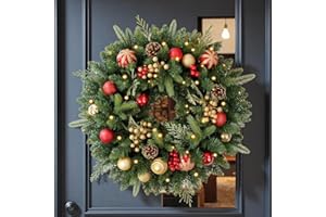 INSTREE CHRISTMAS 24 Inch Artificial Pre-Lit Christmas Wreath Spruce, 50 LED Warm White & Multi-Color Lights with Timer, Battery Operated, Holiday Decoration for Front Door, Outdoor