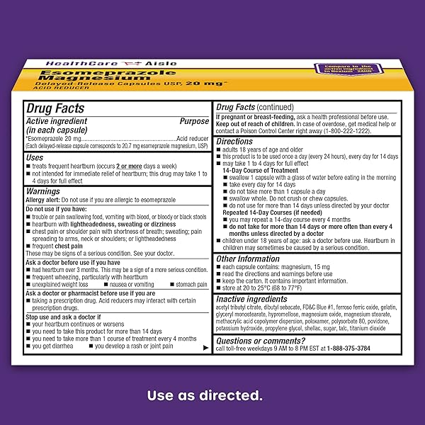 HEALTHCAREAISLE ESOMEPRAZOLE MAGNESIUM 20 MG – 42 DELAYED-RELEASE CAPSULES – ACID REDUCER, TREATS FREQUENT HEARTBURN