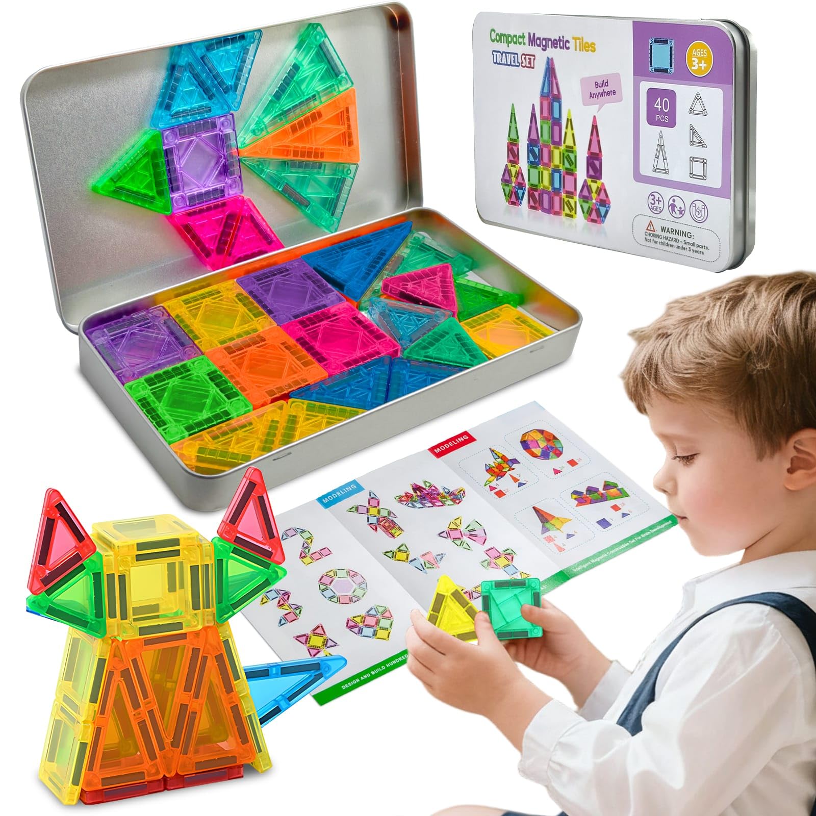 Photo 1 of OCES Mini Magnetic Tiles, 40PCS Building Blocks Travel Set Magnetic Toys for Kids Ages 4-8 with Iron Case, Montessori Educational Toddler Puzzle Creativity Birthday Gift for Boys & Girls