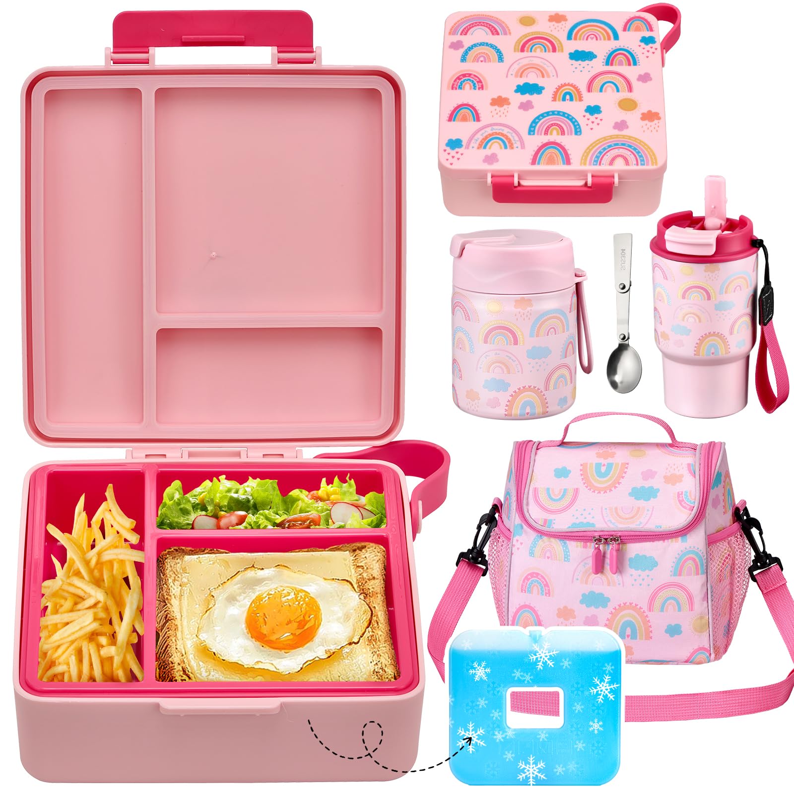 Photo 1 of Pawtong Lunch Box Set with Bento Box Container, 17OZ Stainless Steel Food Soup Thermo, Kids Water Bottle & Portable Insulated Lunch Bag – Leakproof, Hot/Cold Retention for School, Travel(Pink-Rainbow)