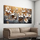 Canvas Wall Art Decor Modern Wall Art Pictures for Living Room Canvas Art Wall Decor Large Artwork for Walls Gold Floral Wall Art Decor White Wall Art Prints for Bedroom Office Wall Decor 24" X 48"