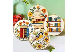 Zhenqing Book Lover's Cross Stitch Kit - 4-Piece Set with Pre-Printed 11CT 24x24cm Fabric, Hoop & Tools, Reading & Flower Themes for Beginners(70411)