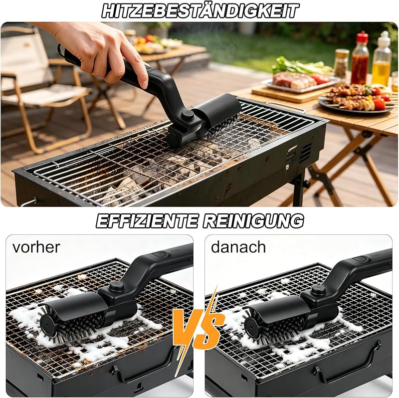 Elektrische Grillbürste - Kabellose Grillbürste Elektrisch, 3-Stufen Reinigung, 180° Verstellbarem Winkel, Edelstahl-Bürstenkopf, Wiederaufladbar Elektrische Grill Reinigungsbürste für Außenbereich