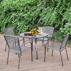 AECOJOY 5-Piece Patio Metal Dining Set, Outdoor Metal Dining Table Set with Round Table 1.73” Umbrella Hole and 4 Stackable Arm Chairs, Patio Dining Bistro Set for Garden,Bistro,Deck,Dark Gray