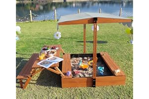 LUYITTON FunXplore Wooden Kids Sandbox with Lid Outdoor Sand Box with Picnic Table Foldable, Sandpit with Cover Ages 4-8, Adjustable Canopy Bottom Liner for Backyard Garden