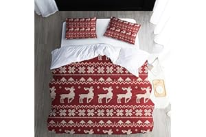 QEODAH Christmas Duvet Cover Full Size Bedding Set 3 PCS, Red Elk Deer Snowflake Pattern Design Comforter Cover & 2 Pillowcases, New Year 2023 Decorations, Soft & Warm Bedroom Bed Set for Teen Girl Boys
