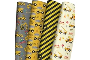 ZINTBIAL Construction Vehicle Wrapping Paper for Kids Birthday - Excavators, Bulldozers, Dump Trucks and Happy Birthday Words Designs - 20 x 29 Inches, 8 Folded Sheets, Easy to Store…