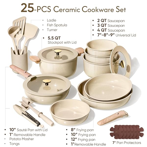 CAROTE 25PCS CERAMIC COOKWARE SET, POTS AND PANS SET NON STICK, RV KITCHEN COOKING SET REMOVABLE HANDLES, OVEN SAFE, INDUCTION COOKWARE, NON-TOXIC KITCHEN COOKING SET, PFAS AND PFOA FREE