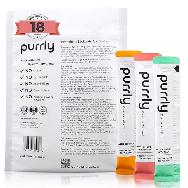 PURRLY LICKABLE WET CAT TREATS HEALTHY GRAIN-FREE CHICKEN VARIETY PACK (18 COUNT) SQUEEZABLE CREAMY PURÉE WITH HUMAN-GRADE PROTEIN SOURCES AND FUNCTIONAL NUTRIENTS NON-GMO NO-ARTIFICIAL-ADDITIVES