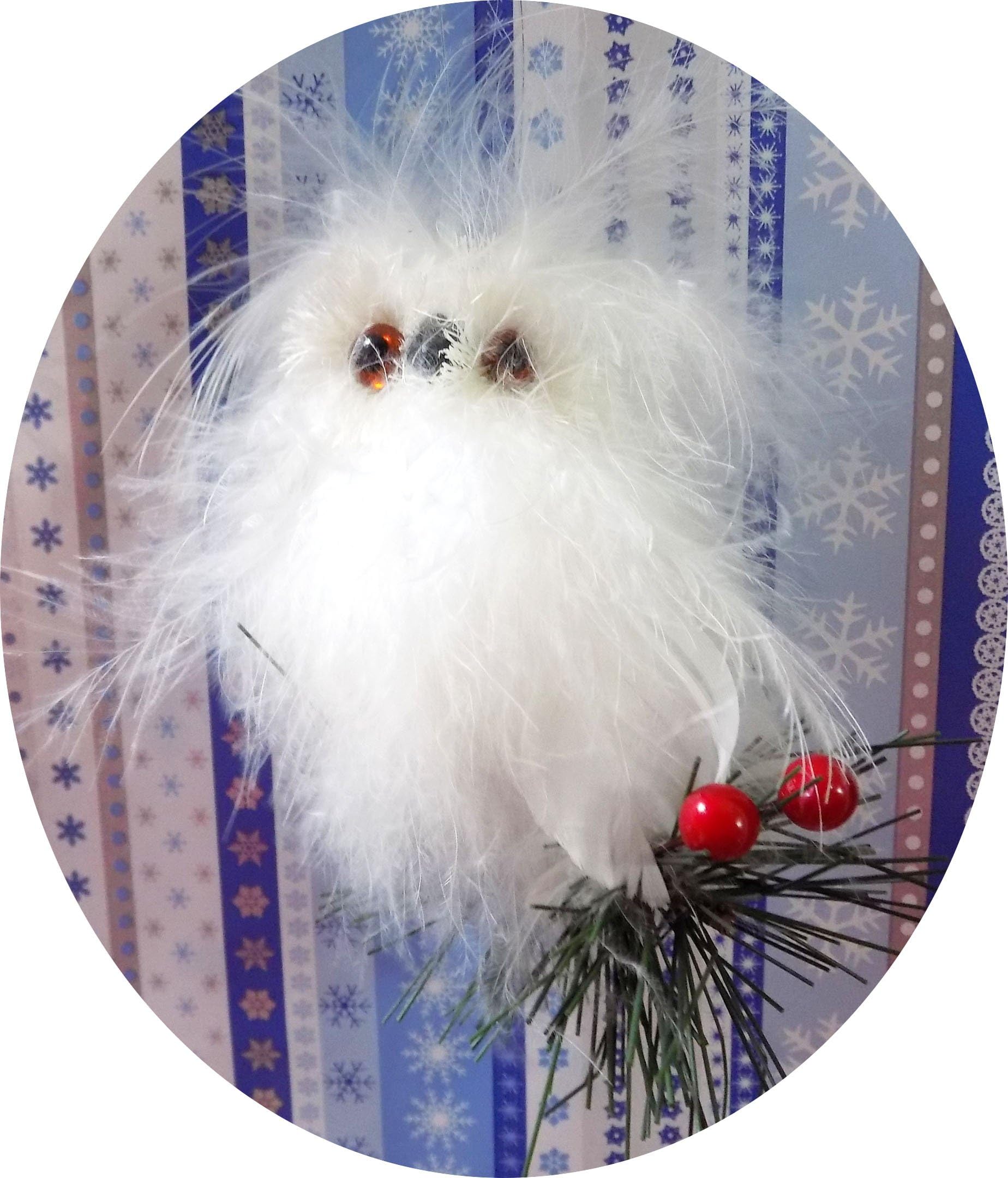 Decorative White Winter Wonderland Christmas or Car Ornament - Feathered Feather Snowy Snow Owl