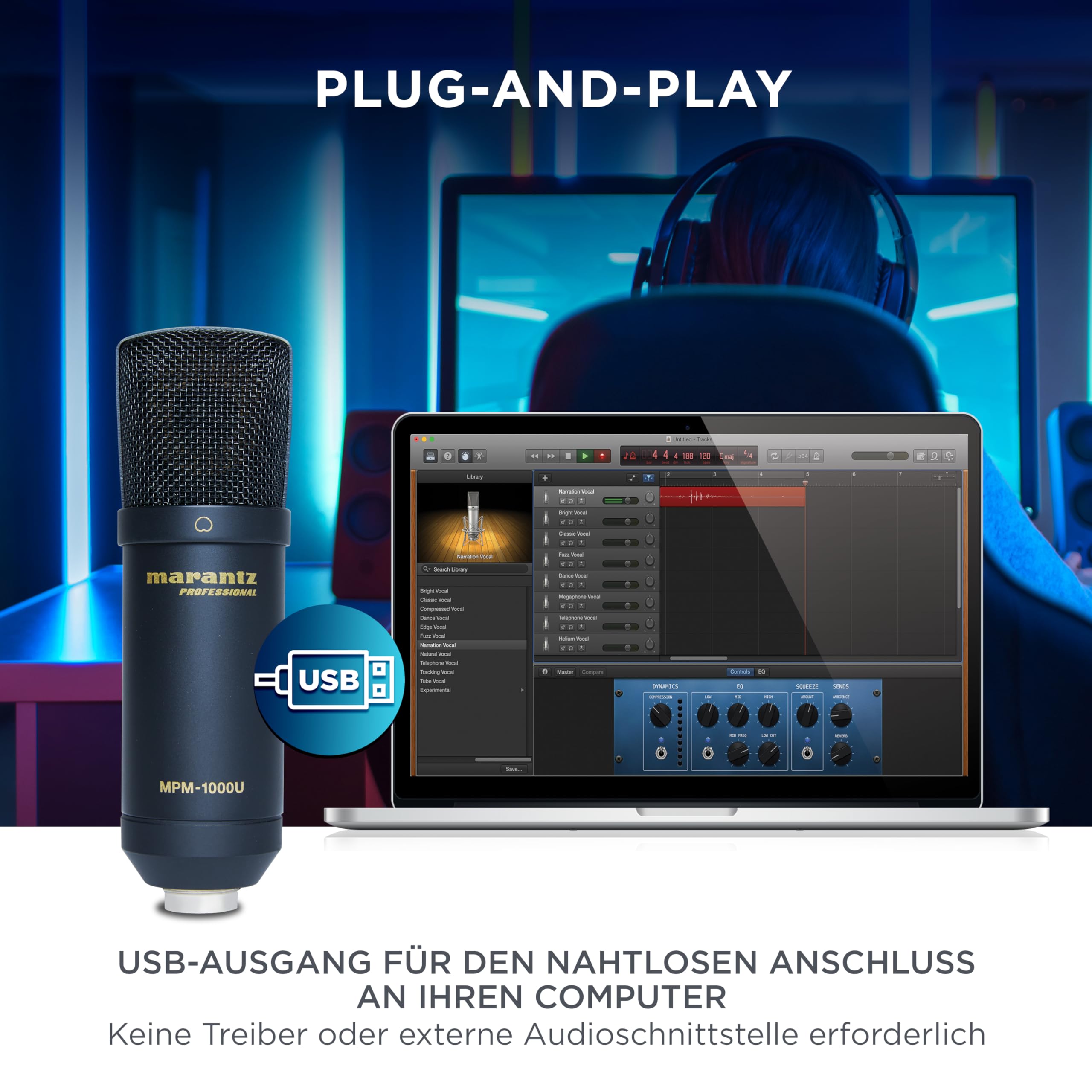 Marantz Professional MPM1000U USB-Kondensatormikrofon für Gaming, Streaming und Podcasting - Integriertes Audiointerface, Desktop-Stativ, Plug-und-Play, Schwarz 2