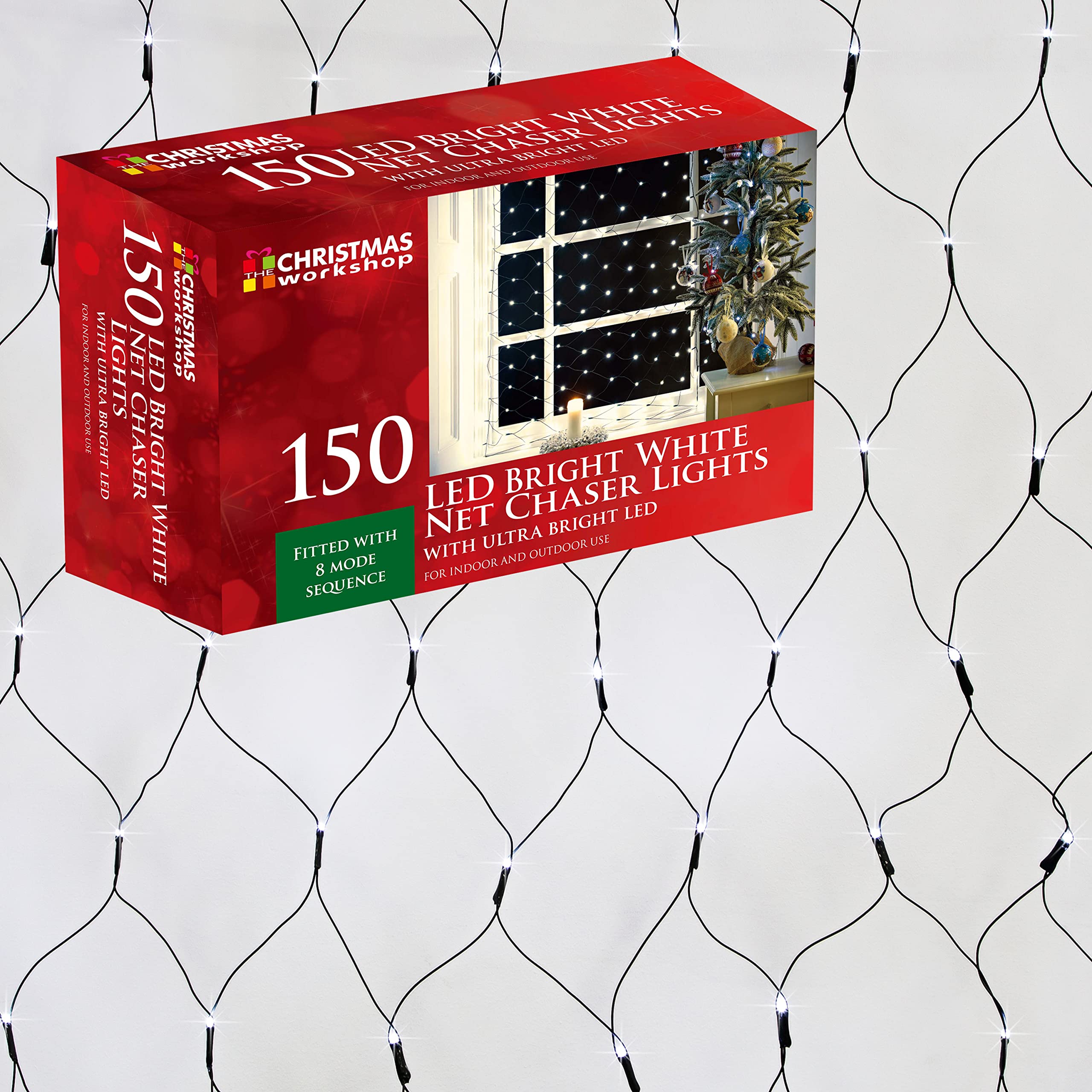 The Christmas Workshop 77960 150 LED Bright White Christmas Net Lights / Curtain Style Window Lights / 8 Different Modes