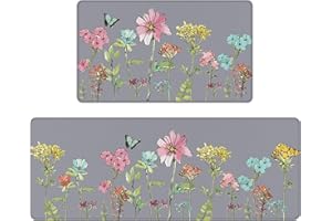 Serwrsw Colorful Flower Butterfly Kitchen Mats 2 Piece for Floor, Multi Colored Floral Kitchen Rugs Sets of 2, Non Slip Washable, 17"x47"+17"x29",Grey