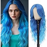 Angzon Long Blue Wavy Wig Middle Part for Women 26 Inch Ombre Blue Curly Wavy Wig Natural Looking Synthetic Heat Resistant Fiber Wig for Daily Party Use
