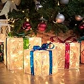 Set of 3 Christmas Lighted Gift Boxes, Indoor Outdoor Xmas Present Boxes Decorations with Bows, Waterproof LED Christmas Box Lights for Yard, Tree, Porch, Holiday Party & Home Decor (New PVC)