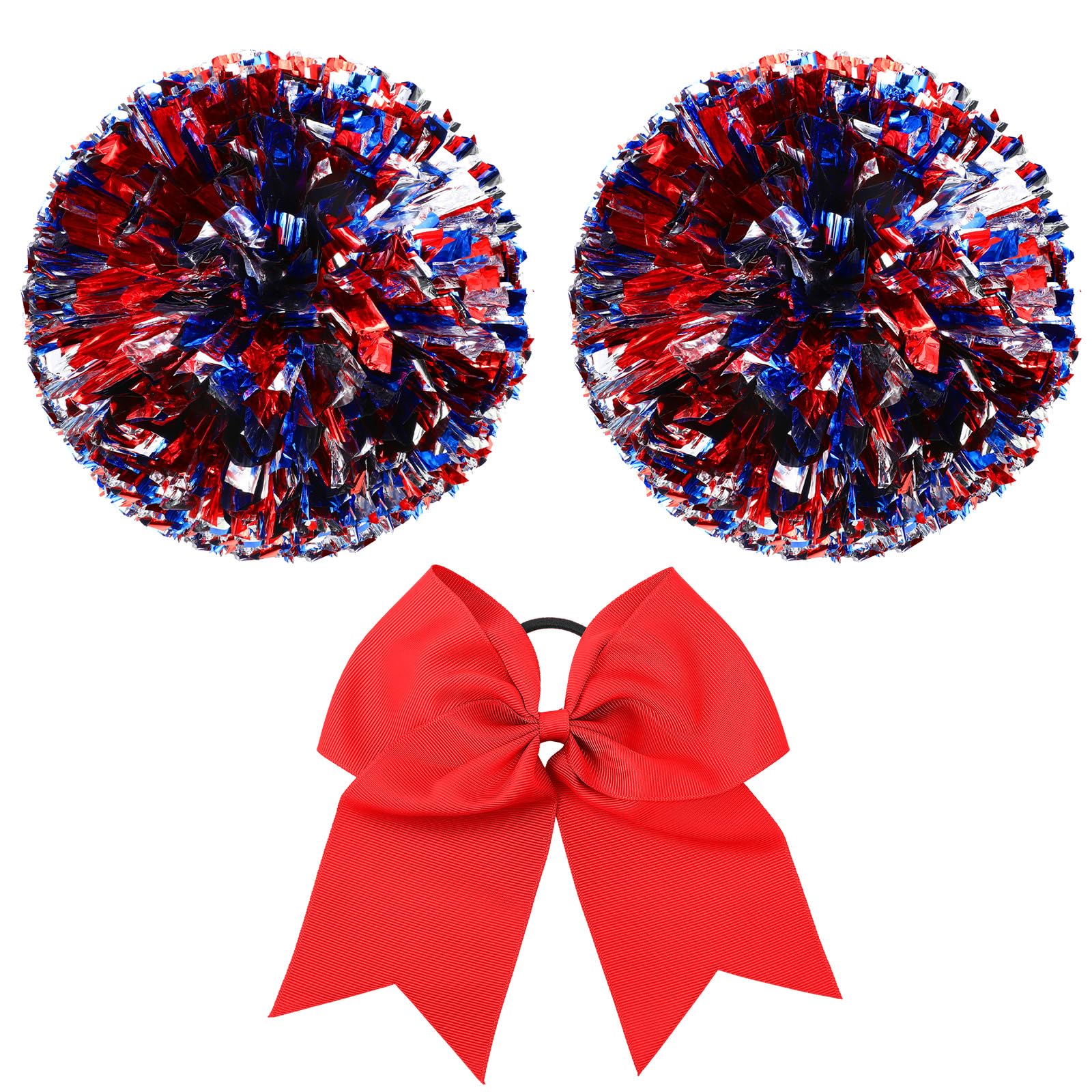 Photo 1 of Hanaive 3 Pcs Cheerleading Pom Poms and Large Cheerleader Hair Bow Metallic Cheer Supplies for Team Spirit Sports Dance Cheering(Blue Red Silver,Classic Style)