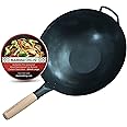 Mammafong Large Flat Bottom 16-inch Traditional Carbon Steel Wok Pan - Authentic Hand Hammered Woks and Stir Fry Pans - Pow Wok with no chemical coating