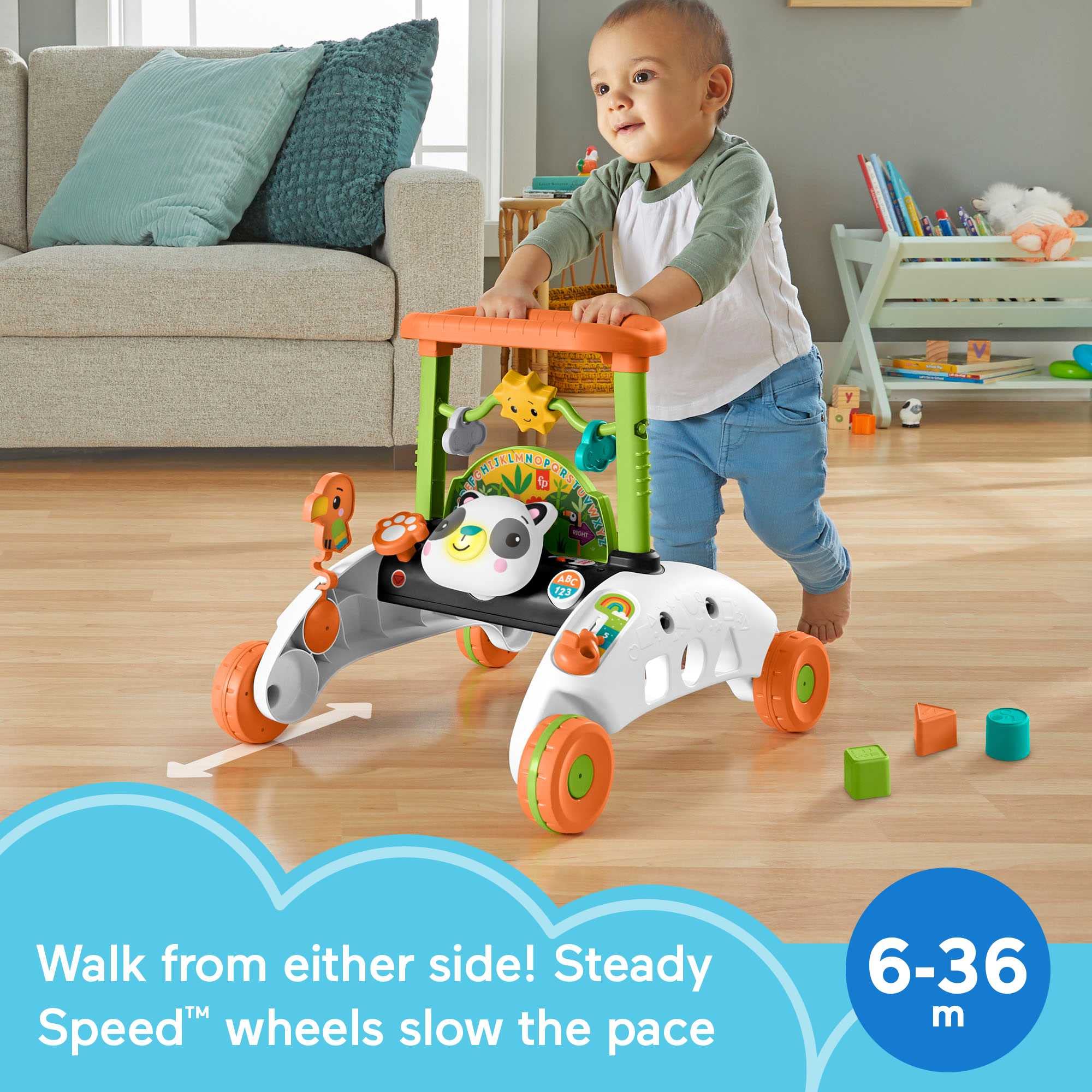 Fisher-Price Baby Push Toy 2-Sided Steady Speed Panda Walker Musical Learning Activity with 3 Blocks for Infants Ages 6+ Months
