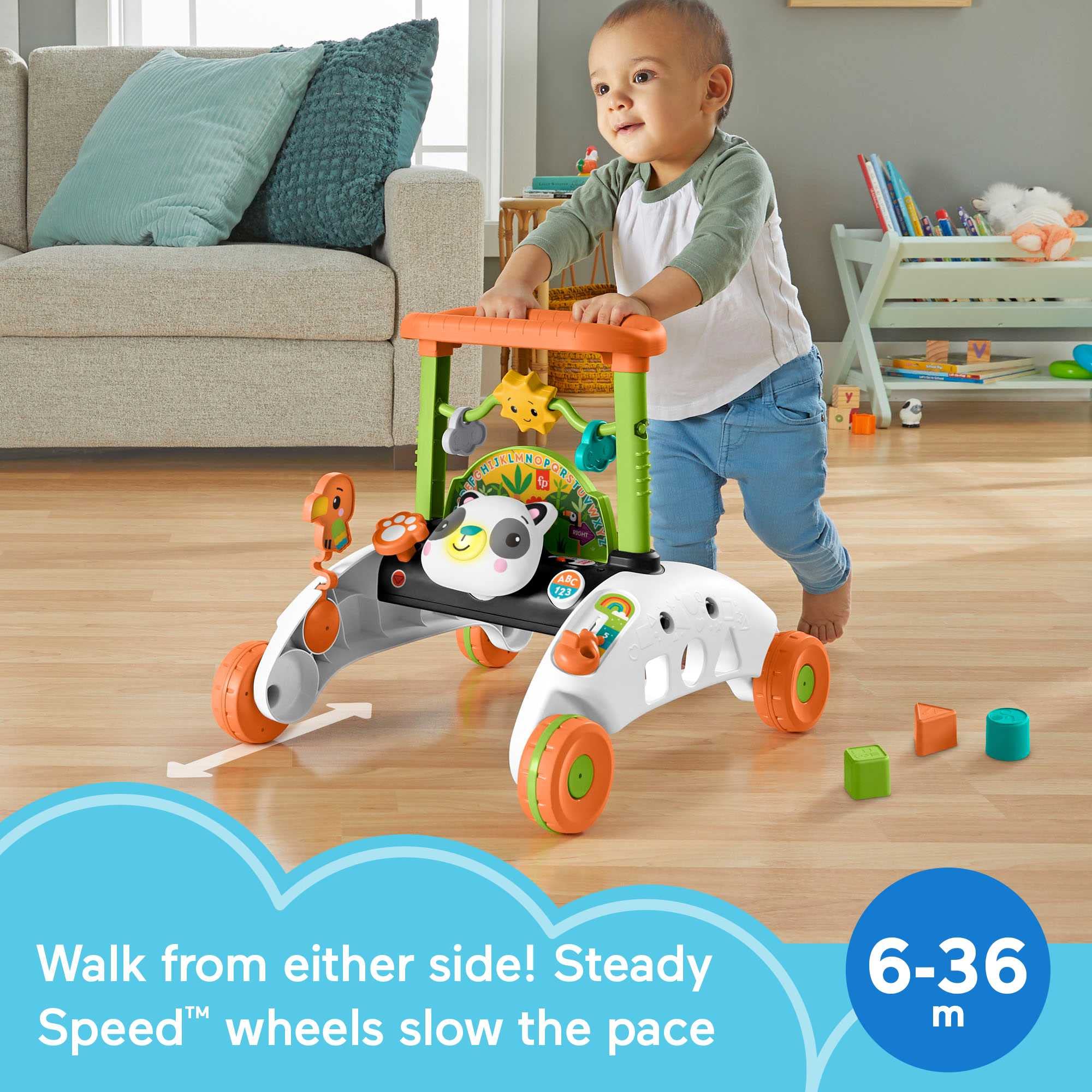 Fisher-Price Baby & Toddler Toy 2-Sided Steady Speed Panda Walker with Smart Stages Learning & Blocks for Ages 6+ months