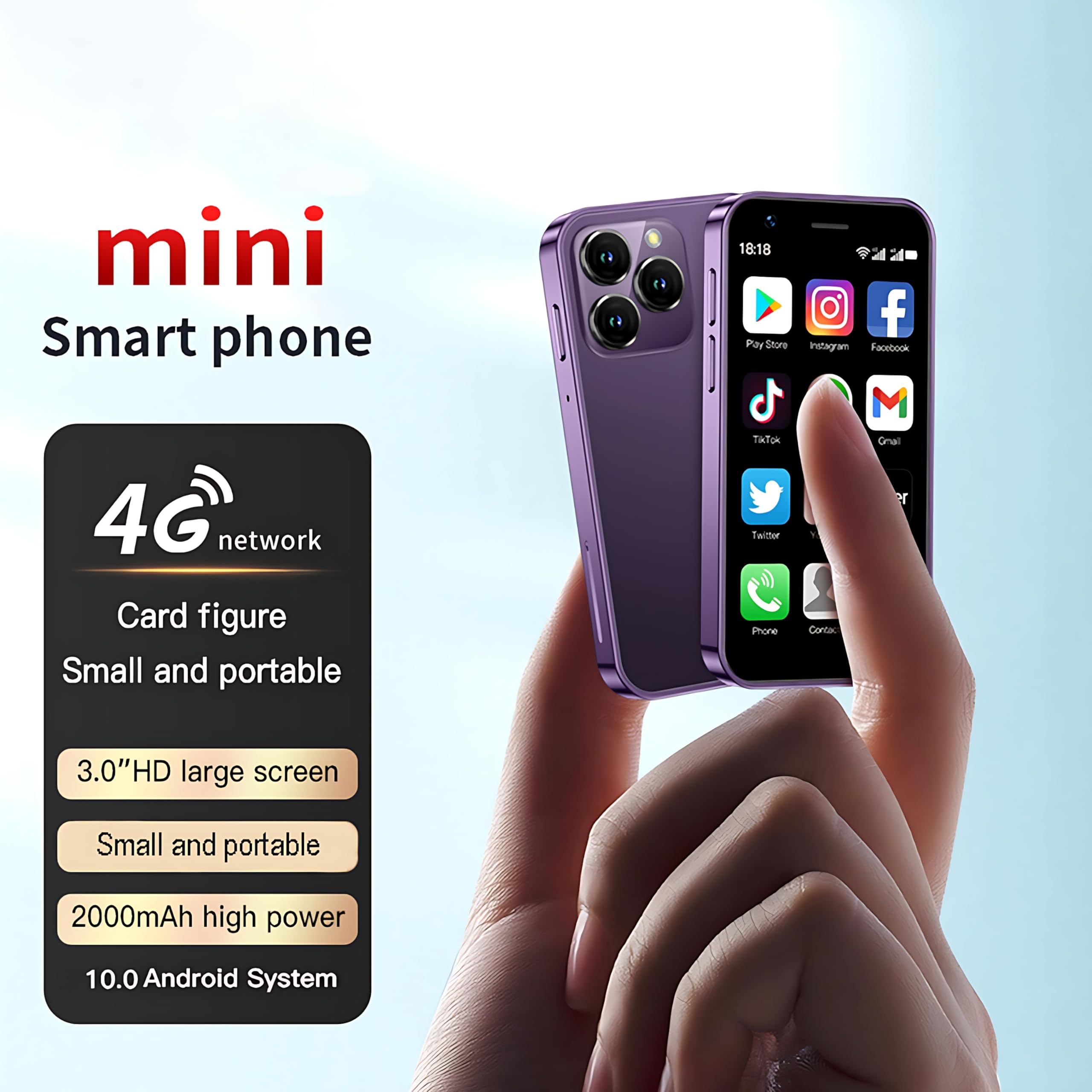 Hipipooo Mini-Smartphone, entsperrt, 4G-Handy, 3,0 Zoll, Dual-SIM, 2000-mAh-Akku, Dual-Kamera, Android 10.0 Quad-Core, WLAN, Bluetooth, Hotspot, Backup-Telefon(Lila,3 GB + 64 GB)
