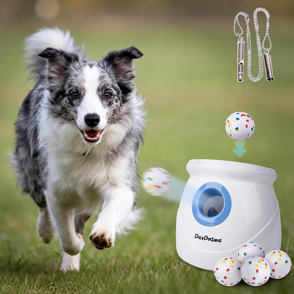 pet prime Large Automatic Dog Ball Launcher, 3 Modes, 6 ETPU Balls, Training
