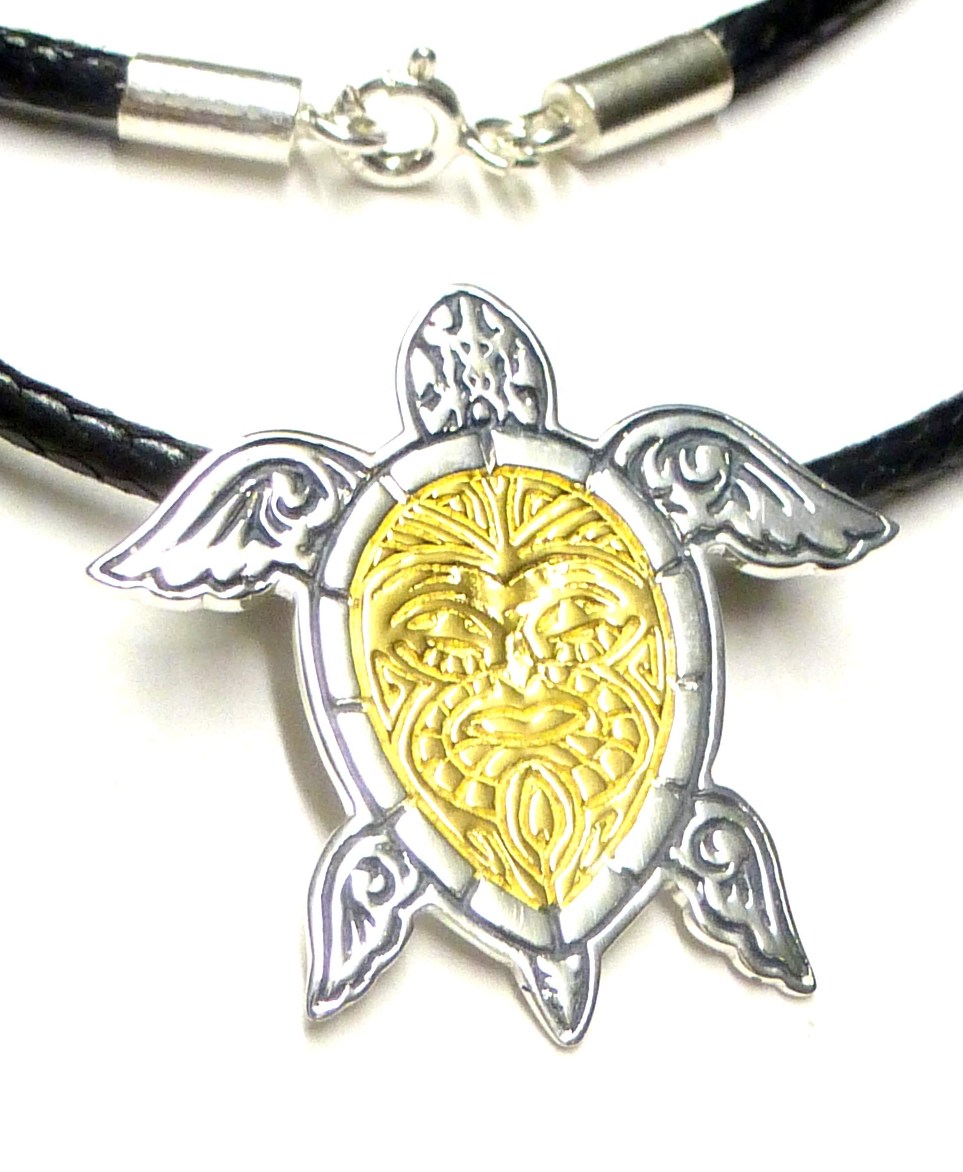 Maori Tortoise Pendant Silver Gold-Plated Sterling Silver Partially Gold-Plated with Textile Cord Snake, Protection Symbol, Gift, Jewellery