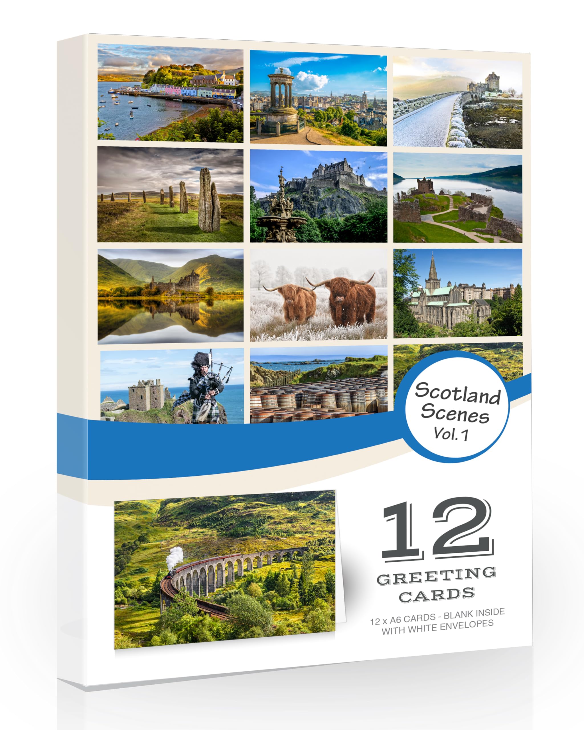 12 x Scottish Scenes Vol.1 Folding Greeting Cards with Envelopes. Natural Scotland Landscape Greeting Cards. Designed and Printed in the UK. Blank Inside for All Occasions
