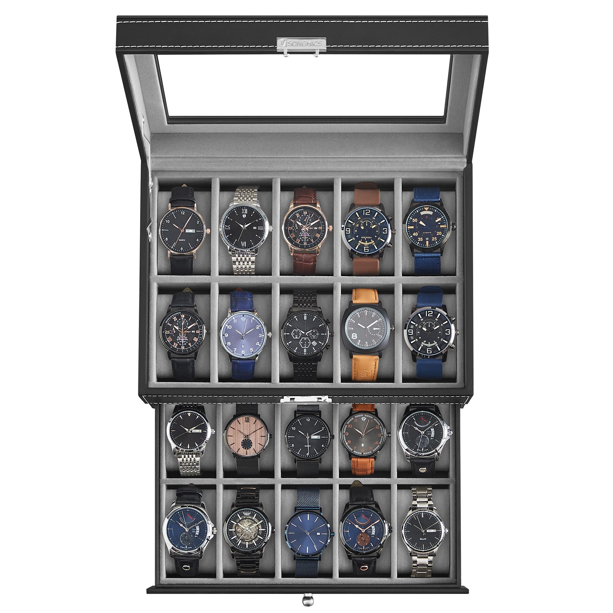 SONGMICS Watch Box, 20-Slot Watch Case Organizer with Large Glass Lid, Removable Pillows, Metal Lock, Gift for Loved Ones, Black Synthetic Leather, Christmas Gift, Gray Lining UJWB006V1