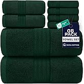DAN RIVER 8 PC Luxury Bath Towels for Bathroom, 2 Bath, 2 Hand, and 4 Wash Cloths, 600 GSM 100% Ring Spun Cotton Towel Set, Highly Absorbent, Gym, Hotel, and Spa, Hunter Green