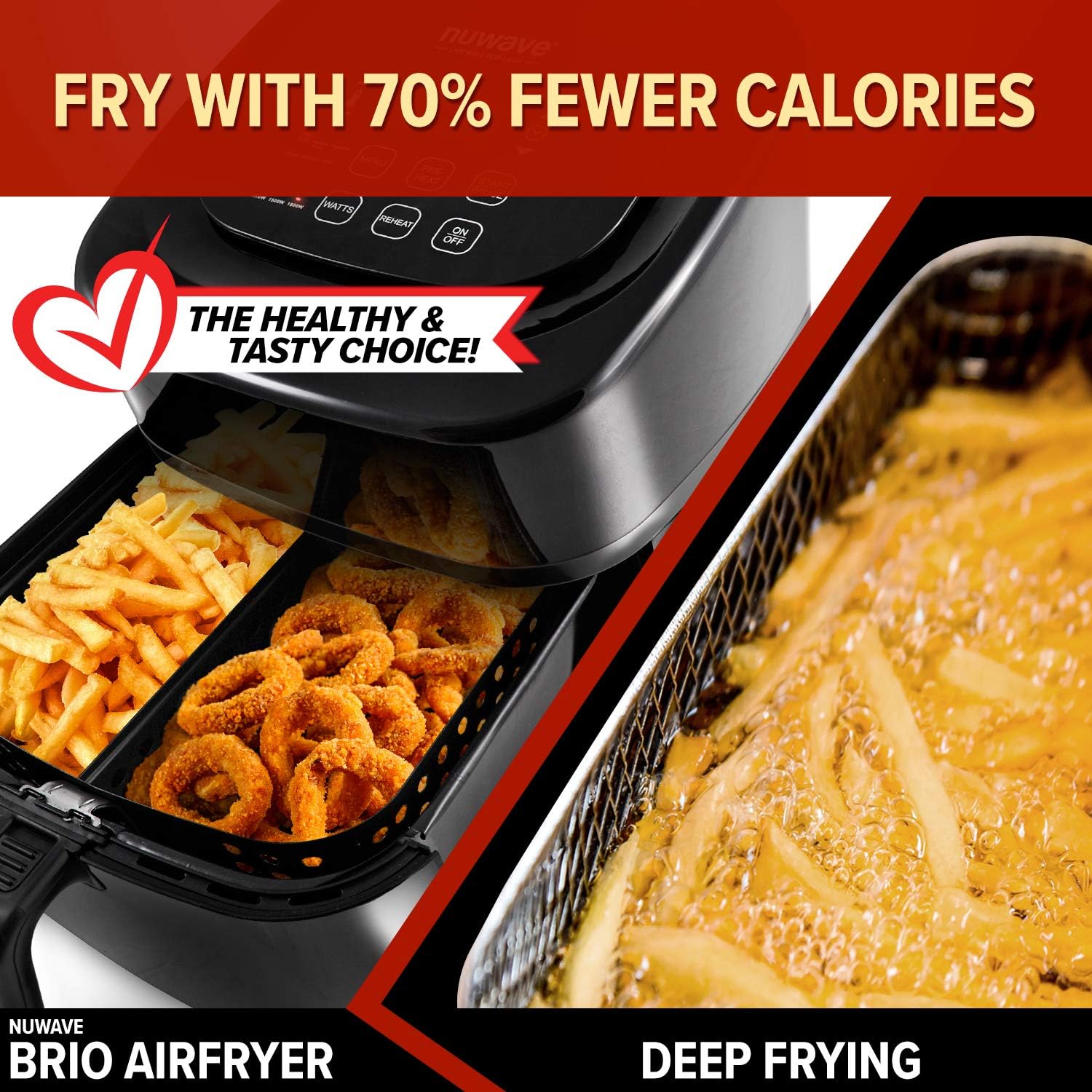 NUWAVE BRIO 6-Quart Digital Air Fryer with one-touch digital controls, 6 easy presets, precise temperature control, recipe book, basket divider, wattage control, PREHEAT & REHEAT Function: Kitchen & Dining