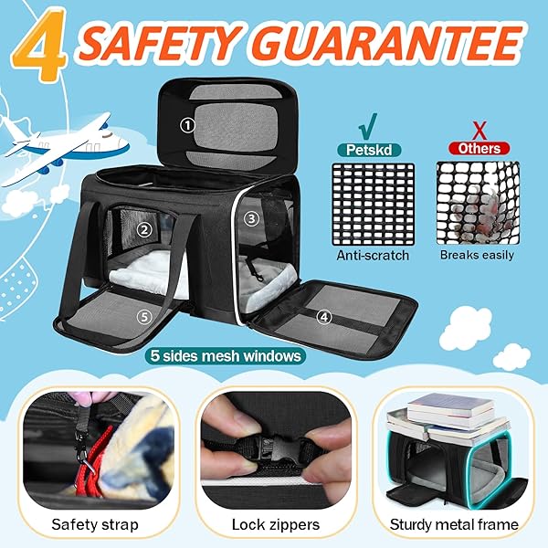 PETSKD TOP-EXPANDABLE PET CARRIER WITH WHEELS 17X12X8.5 INCHES JETBLUE ALLEGIANT SPIRIT AIRLINE APPROVED, SOFT-SIDED CARRIER FOR SMALL CAT DOG WITH LOCKING SAFETY ZIPPERS AND ANTI-SCRATCH MESH(BLACK)