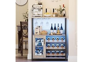 Garvee 3-Tier Wine Bar Cabinet with Lights, Liquor Cabinet with Wine Rack & Glass Holder, Coffee Bar with Storage & Door, Sid