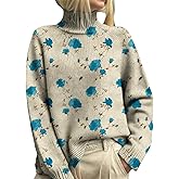 YZCX Womens Floral Print Turtleneck Sweaters Boho Vintage Fall Knit Jumper Tops Casual Loose Long Sleeve Pullover Sweater
