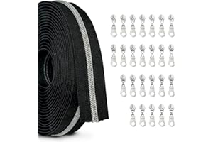 Zynzaoacs #5 Zipper by The Yard with Pulls, Continuous Black Tape (10Yds) and Rust-Proof Silver Metal Pulls (25Pcs), Bulk Zippers for Sewing Bags and Purses, Cuttable Nylon Zipper Roll