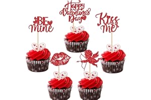 Rsstarxi 30 Pack Happy Valentine's Day Cupcake Toppers Valentine's Day Cake Decorations Glitter Be Mine Lips Kiss Me Cupid Cupcake Picks for Valentine's Day Theme Wedding Party Cake Decorations Red