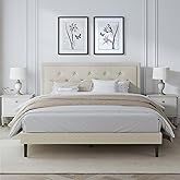 IOILORI Queen Size Bed Frame with Upholstered Velvet Headboard, No Box Spring Needed, Button Tufting Design, Strong Wooden Slat, Beige