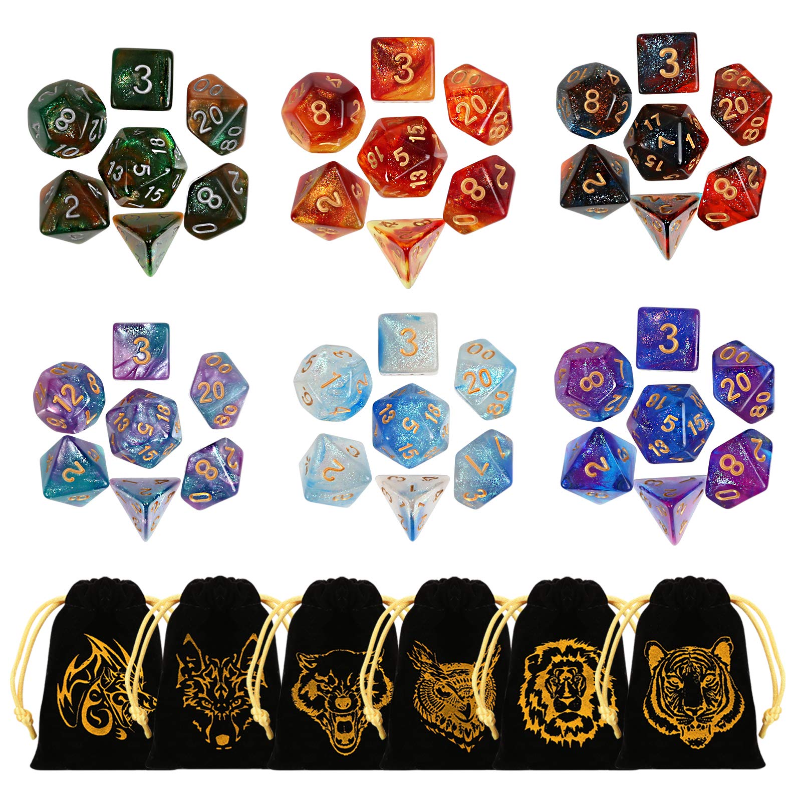 42 Pcs(6 Sets) Polyhedral Dice with Gold Pattern Drawstring Pouches for DND RPG MTG Dungeon and Dragons Table Board Roll Playing Games Style 2