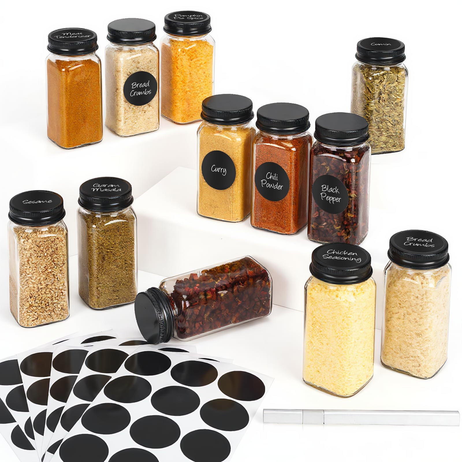 Photo 1 of 12Pcs Spice Jars with Label, 4oz Empty Square Seasoning Containers, Spice Jars with Shaker Lids, Small Spice Bottles for Salt, Herbs, Sugar, Pepper, Seasoning Jars for Spice Rack, Cabinet, or Drawer