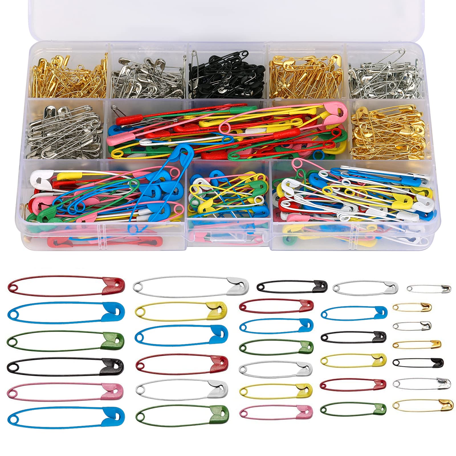 LUTER 500 Pieces Large Small Coloured Safety Pins/Gourd Pins/Bulb Pins Assorted 19mm 22mm 28mm 32mm 36mm 45mm 50mm for Art Craft Clothes Sewing Jewelry Making Home Office Use(Gold Silver Black)