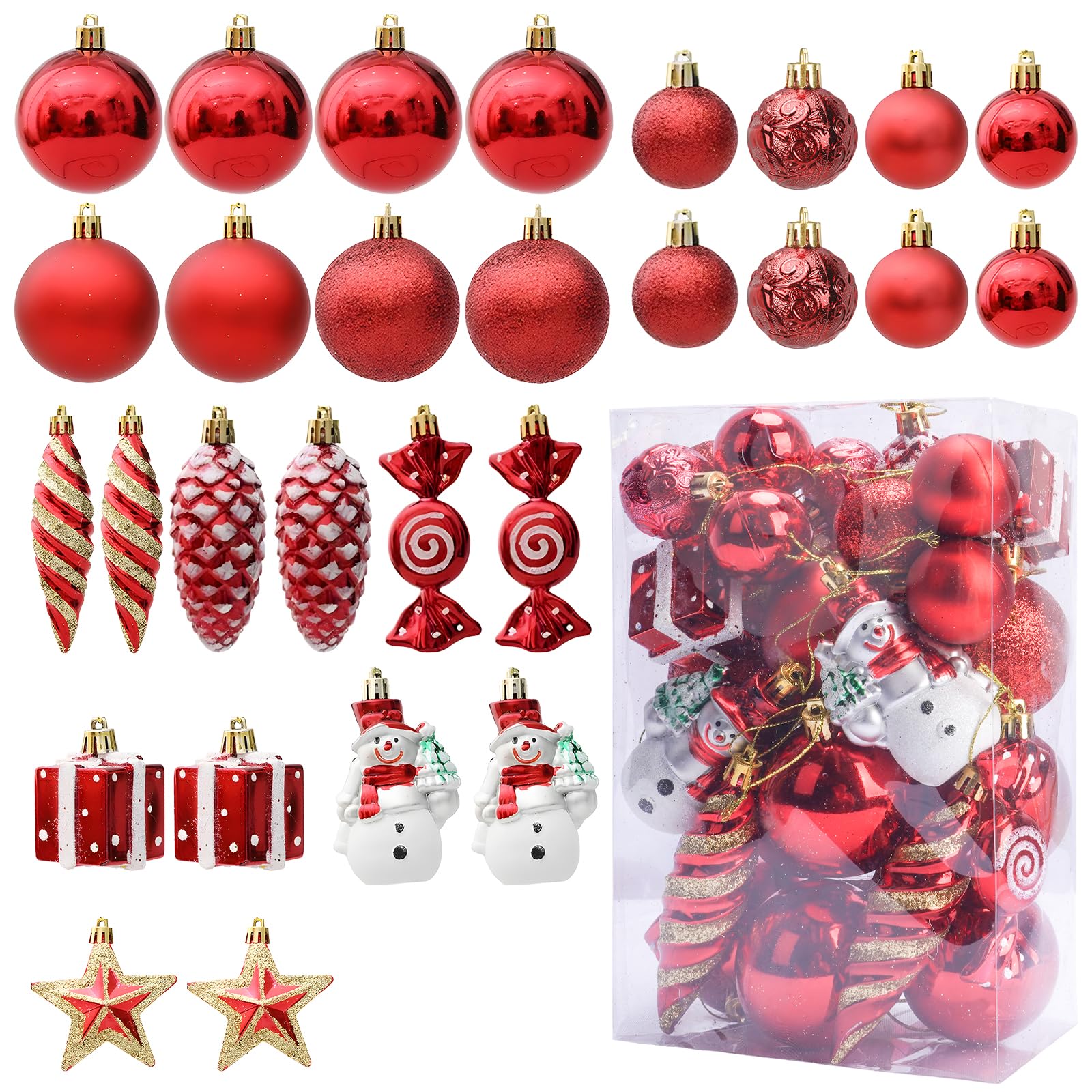 HO2NLE Red Christmas Tree Baubles Decorations 29Pcs Mini Christmas Hanging Ball Plastic Shatterproof Xmas Balls Ornaments for Seasonal Decorative Winter Festive Holiday Home Indoor Outdoor Decor