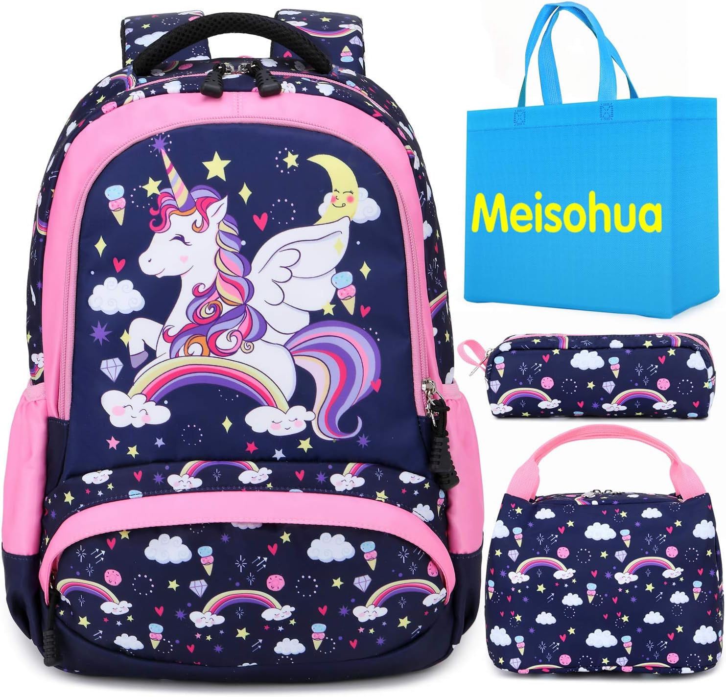 MeisohuaUnicorn Backpack Cute Girls School Bags for Teenagers Lightweight School Backpacks with Launch Pencil Bag 3 Packs (Navy Blue)