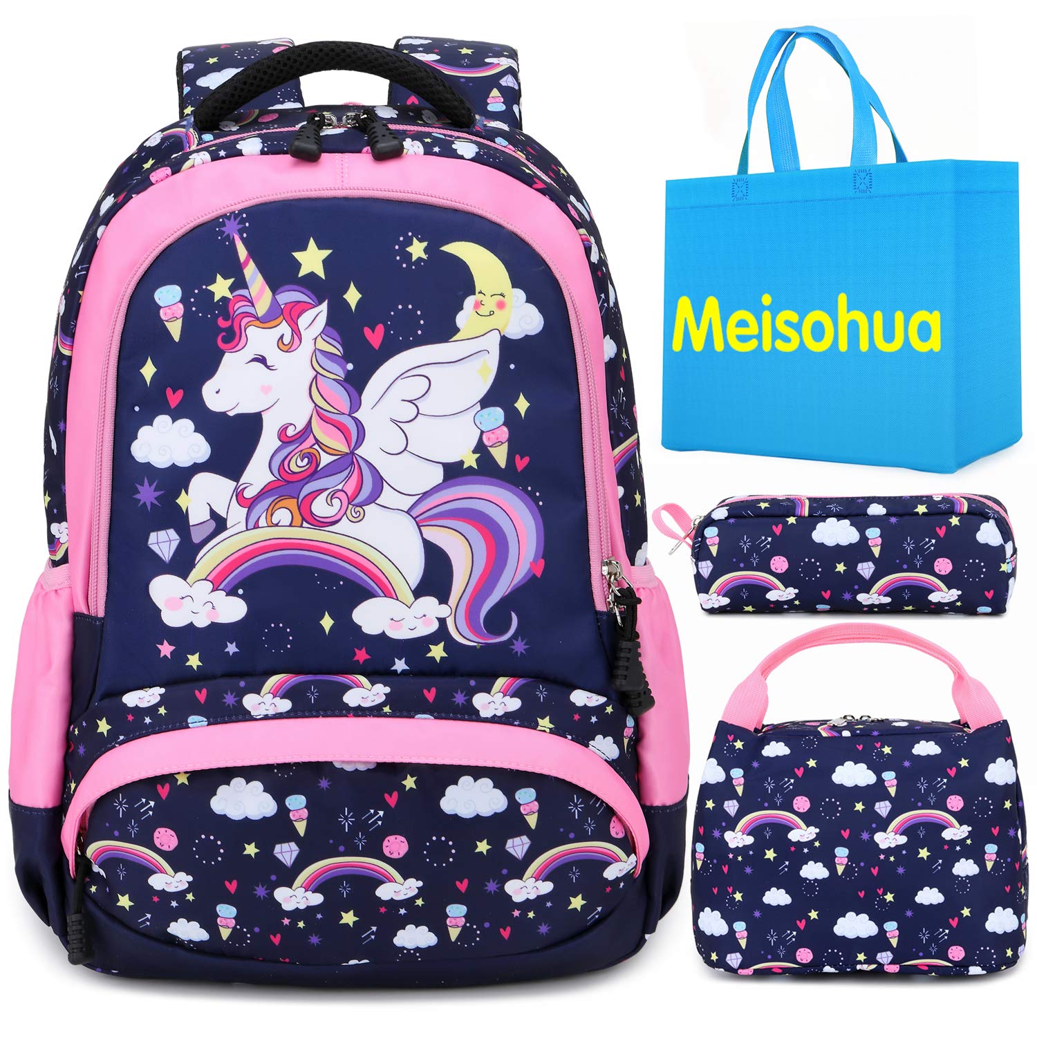 MeisohuaUnicorn Backpack Cute Girls School Bags for Teenagers Lightweight School Backpacks with Launch Pencil Bag 3 Packs (Navy Blue)