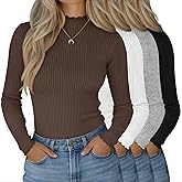 Neer 4 Pack Women's Mock Turtleneck Tops Cotton Long Sleeve Ribbed Lettuce Trim Shirts Slim Fit Casual Fall Basic Tees