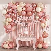 Pink Birthday Decorations for Women with Dusty Pink Nude White Metallic Rose Gold Confetti Foil Balloons Fringe Curtain Banner for Women Birthday Decorations