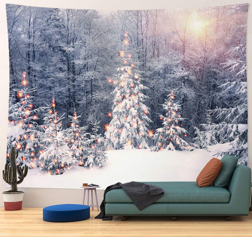 Cocior Home Christmas Xmas Tree Tapestry Wall Hanging, Welcome Winter Happy New Year Snowy Woods Wall Tapestry Decor for Dorm Room, Bedroom,Living Room, Wall Art Background Decorations 90" W x 71" L