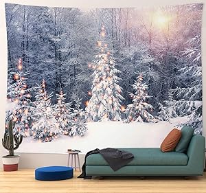 Cocior Home Christmas Xmas Tree Tapestry Wall Hanging, Welcome Winter Happy New Year Snowy Woods Wall Tapestry Decor for Dorm Room, Bedroom,Living Room, Wall Art Background Decorations 90" W x 71" L