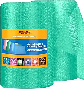 Fuxury Green Anti-Static Bubble Cushioning Wrap Roll Air Bubble Roll 2 Rolls 72 Feet Total,Perforated Every 12",Included 20 Fragile Sticker Labels for Packaging Moving Shipping Boxes Supplies