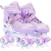 VleoX Roller Skates for Girls Kids Child Beginners, 4 Size Adjustable Light up Wheels Fun Illuminating Purple Pink Skates for Boys Toddlers Patines