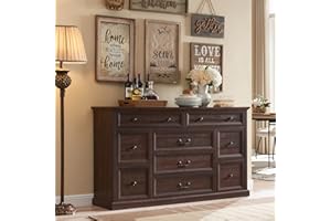 SinCiDo Farmhouse Buffet Cabinet, 60" Storage Cabinet w/9 Drawers, Large Wood Rustic Sideboard Cabinet w/Three Drawer Sizes, Coffee Bar Cabinet for Dinning Room, Hallway, Bedroom, Brown